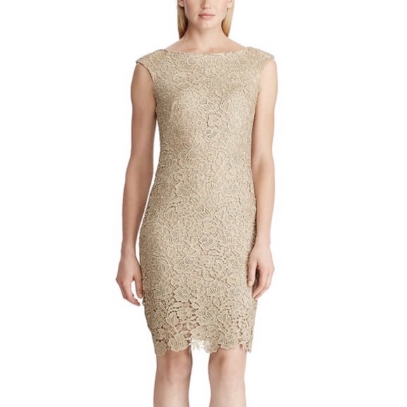Lauren Ralph Lauren Champagne Lace Sheath Dress Gold Metallic 10 - Picture 1 of 14